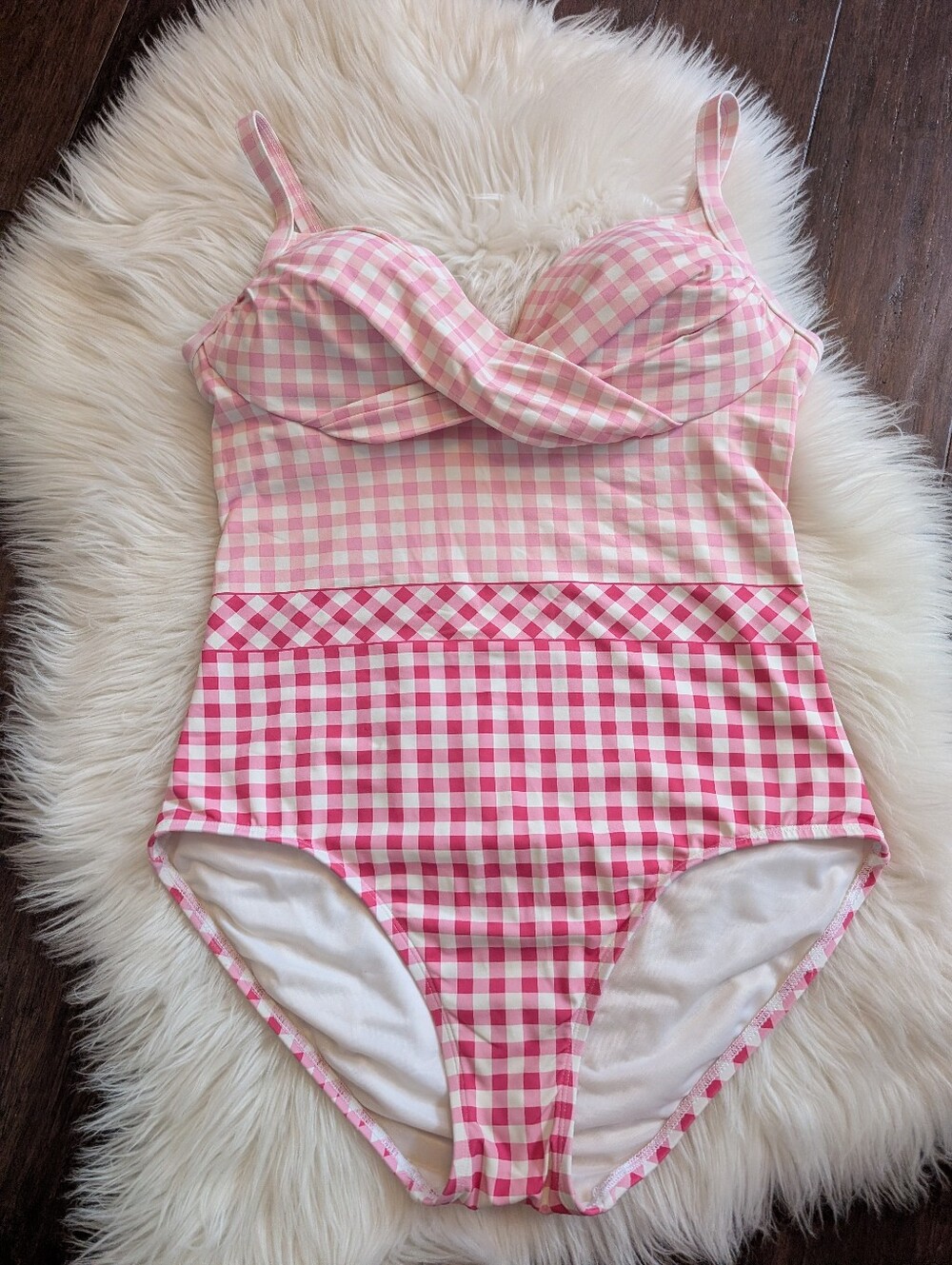 Lands' End Draper James Tummy Control Wrap 1 Piece Swimsuit Pink Gingham Size 10